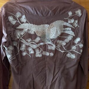 Cake Couture Embroidered Bird Back Button-Down Shirt - Brownish Purple